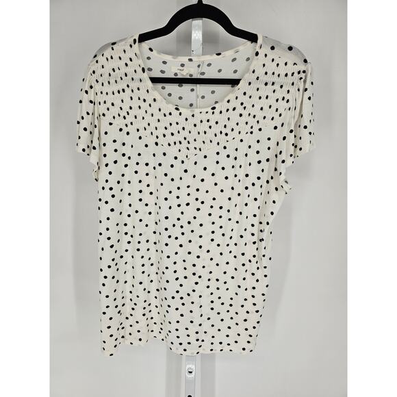 Maurices Womens Sz L Short Sleeve Smocked Blouse Black White Polka Dot - Picture 1 of 4